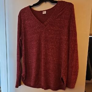 Ribbed V-Neck Sweater in Wine Red - Women